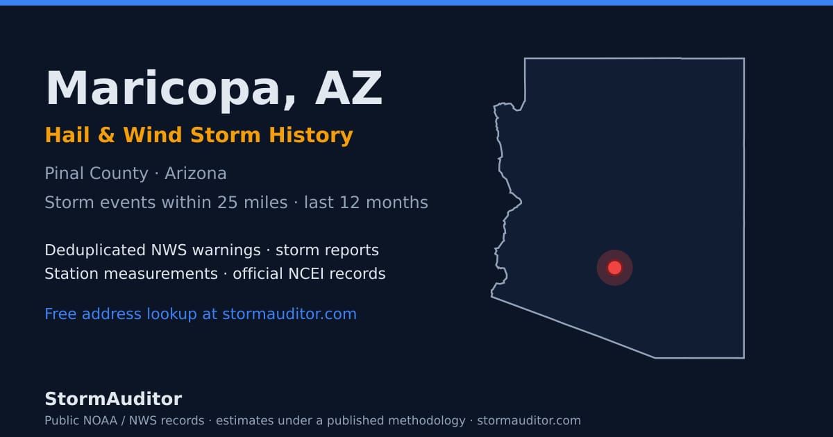 Maricopa, AZ hail and wind storm history — Pinal County on a Arizona map card