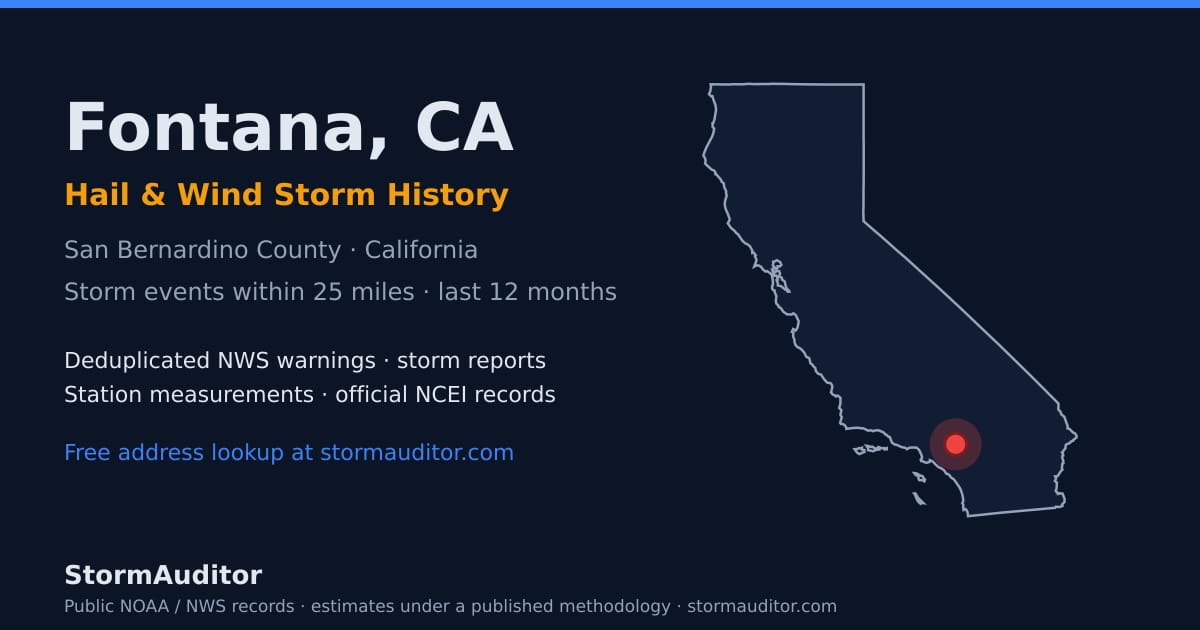 Fontana, CA hail and wind storm history — San Bernardino County on a California map card