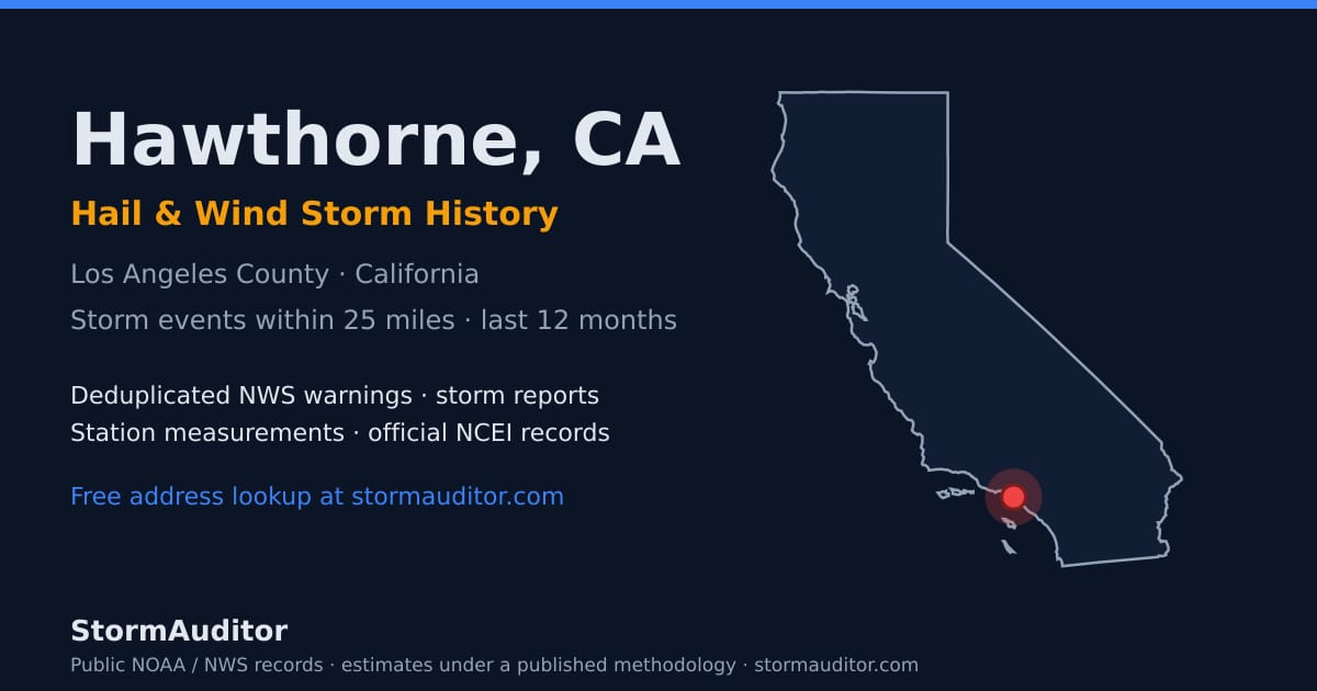 Hawthorne, CA hail and wind storm history — Los Angeles County on a California map card