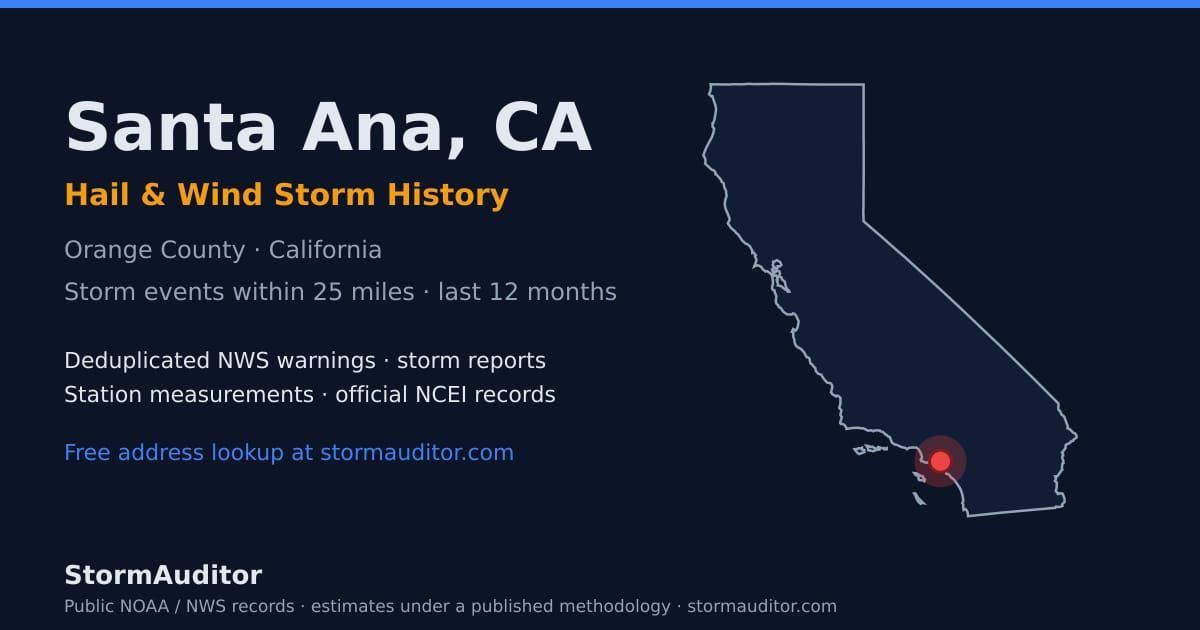 Santa Ana, CA hail and wind storm history — Orange County on a California map card
