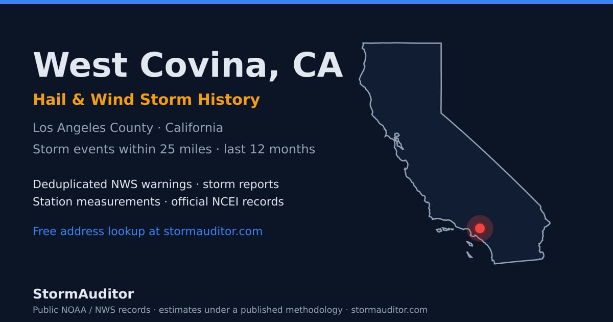 West Covina, CA hail and wind storm history — Los Angeles County on a California map card
