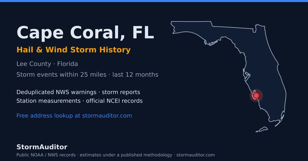 Cape Coral, FL hail and wind storm history — Lee County on a Florida map card