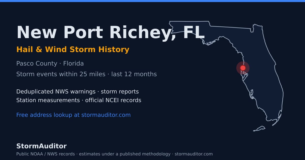 New Port Richey, FL hail and wind storm history — Pasco County on a Florida map card