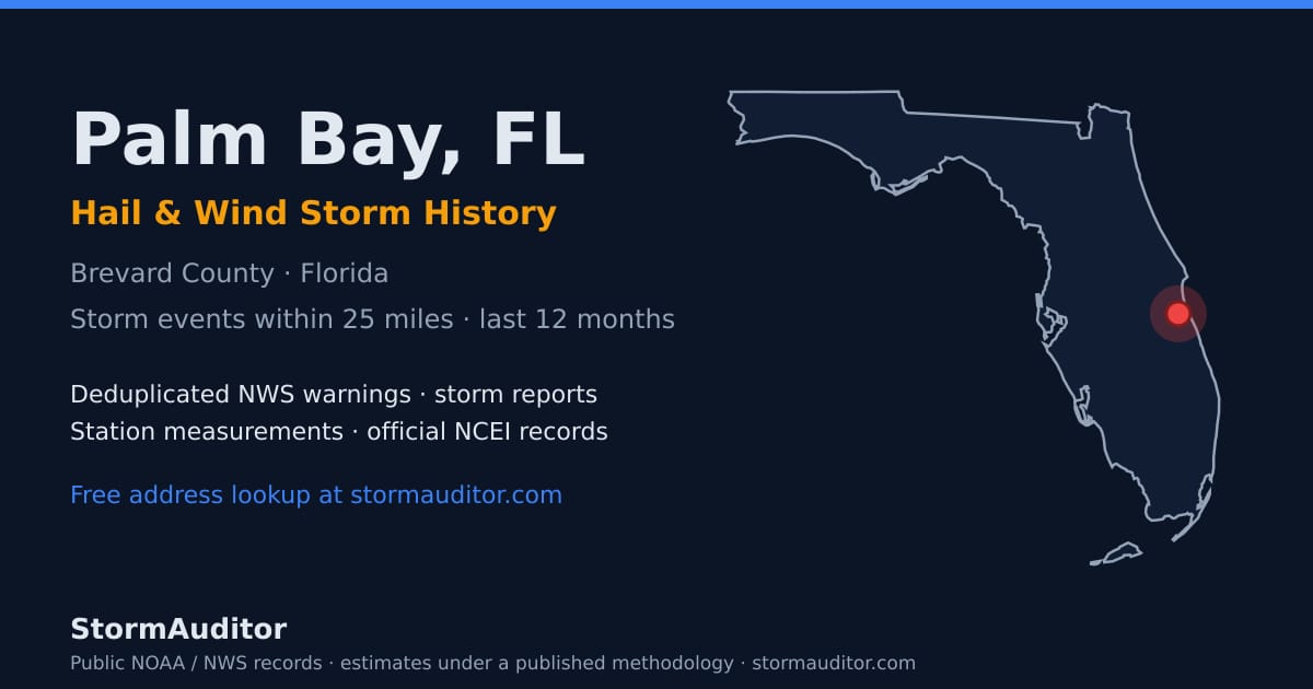 Palm Bay, FL hail and wind storm history — Brevard County on a Florida map card