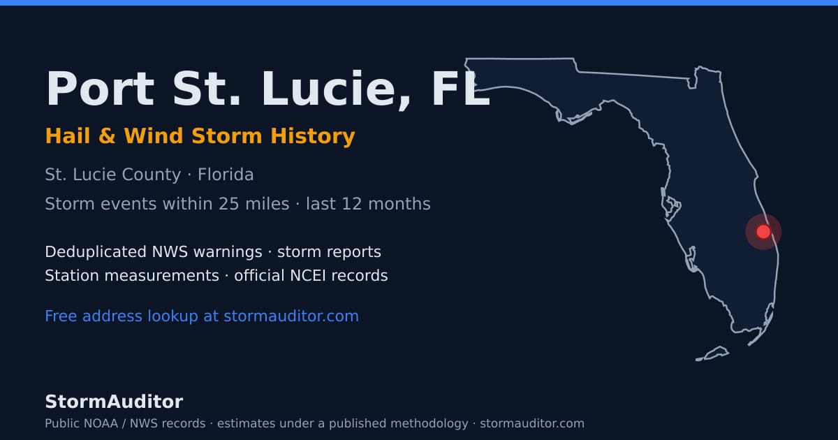 Port St. Lucie, FL hail and wind storm history — St. Lucie County on a Florida map card