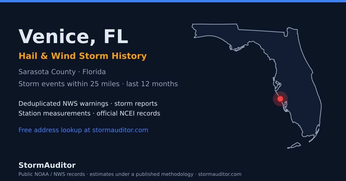 Venice, FL hail and wind storm history — Sarasota County on a Florida map card