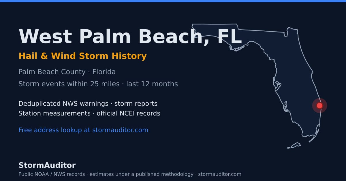 West Palm Beach, FL hail and wind storm history — Palm Beach County on a Florida map card