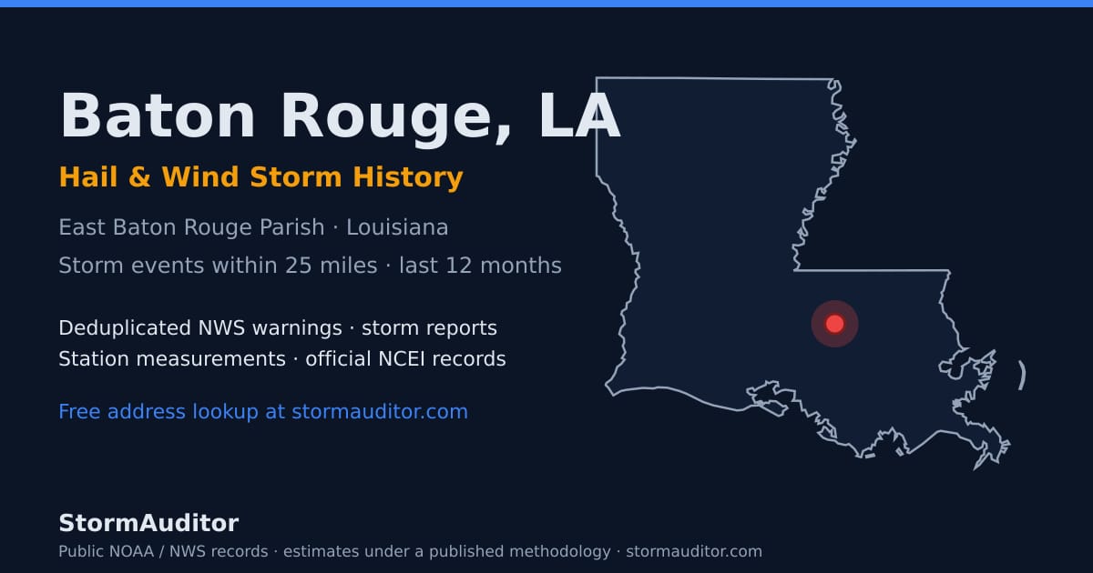 Baton Rouge, LA hail and wind storm history — East Baton Rouge Parish on a Louisiana map card