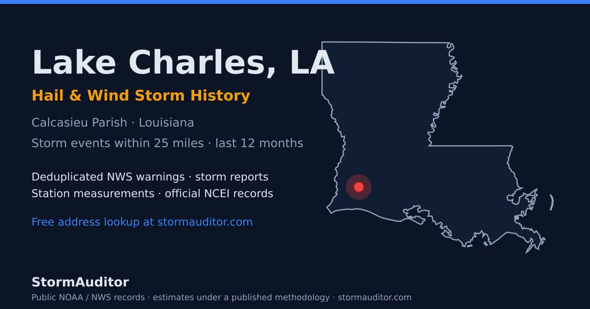 Lake Charles, LA hail and wind storm history — Calcasieu Parish on a Louisiana map card