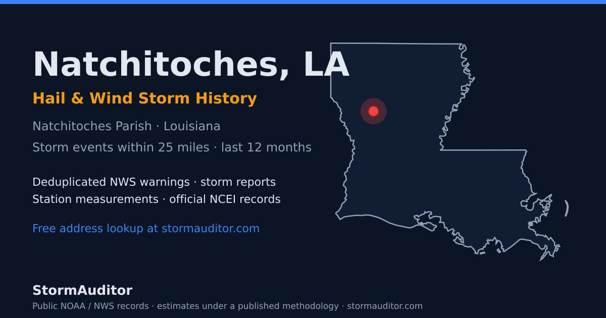 Natchitoches, LA hail and wind storm history — Natchitoches Parish on a Louisiana map card