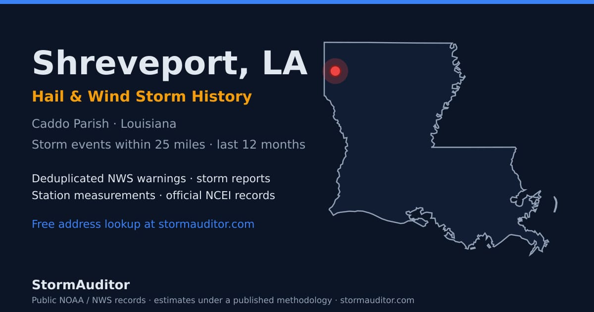 Shreveport, LA hail and wind storm history — Caddo Parish on a Louisiana map card