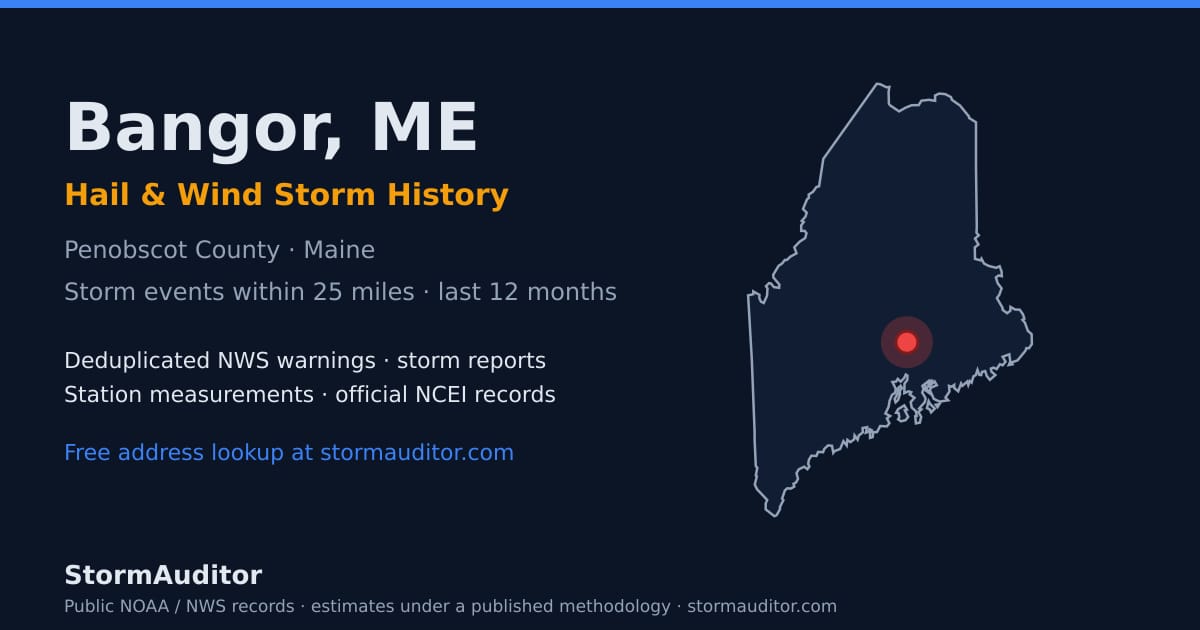 Bangor, ME hail and wind storm history — Penobscot County on a Maine map card