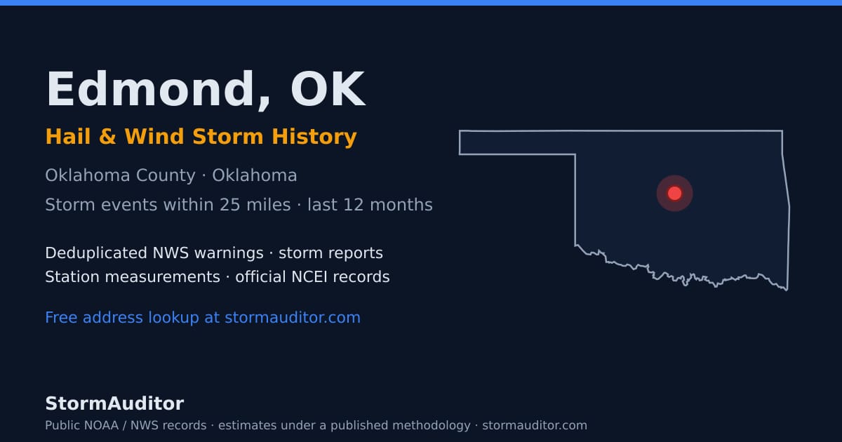 Edmond, OK hail and wind storm history — Oklahoma County on a Oklahoma map card