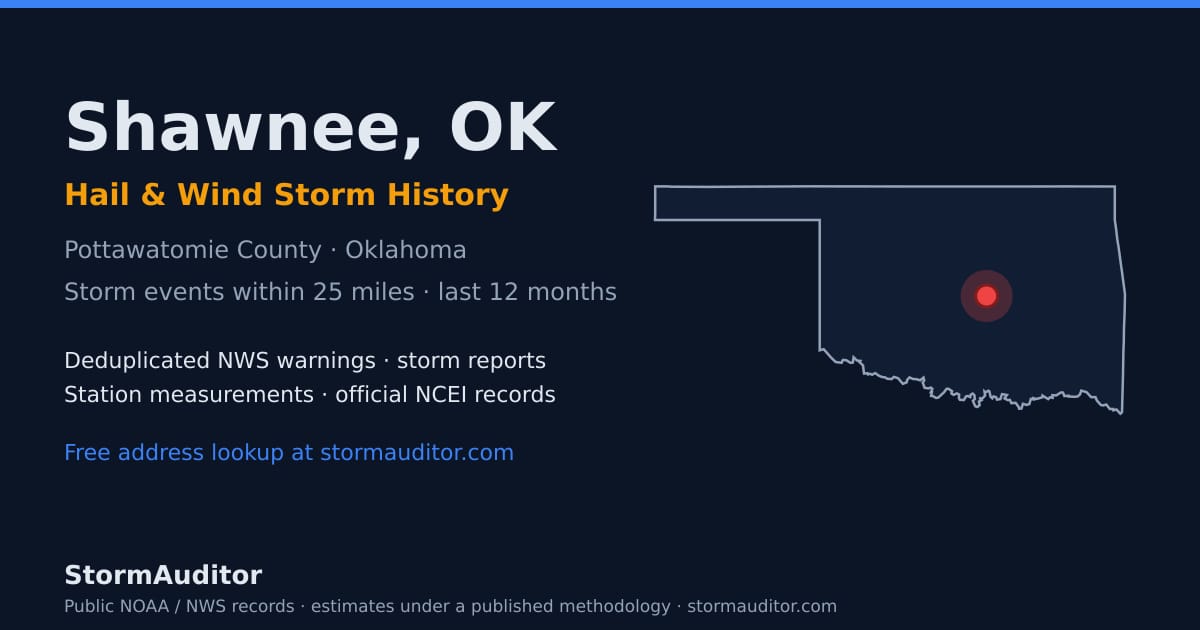 Shawnee, OK hail and wind storm history — Pottawatomie County on a Oklahoma map card