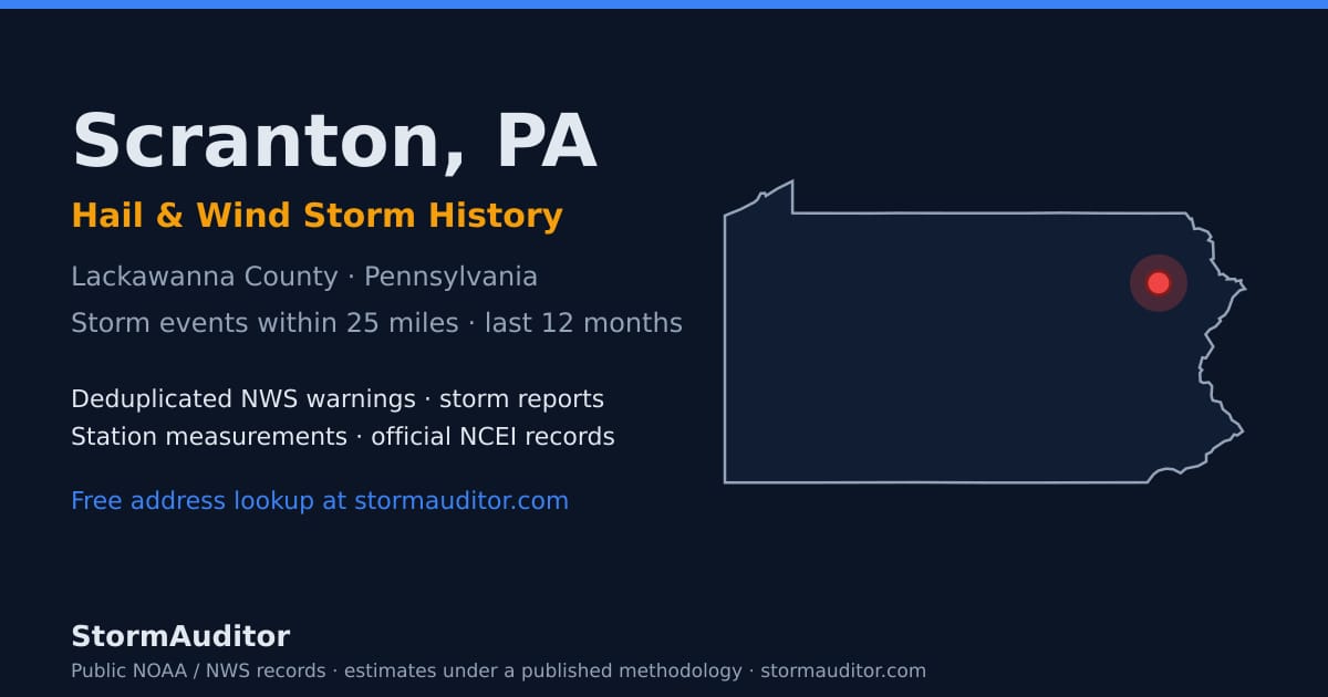 Scranton, PA hail and wind storm history — Lackawanna County on a Pennsylvania map card