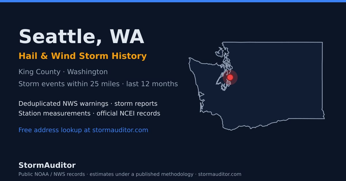 Seattle, WA hail and wind storm history — King County on a Washington map card