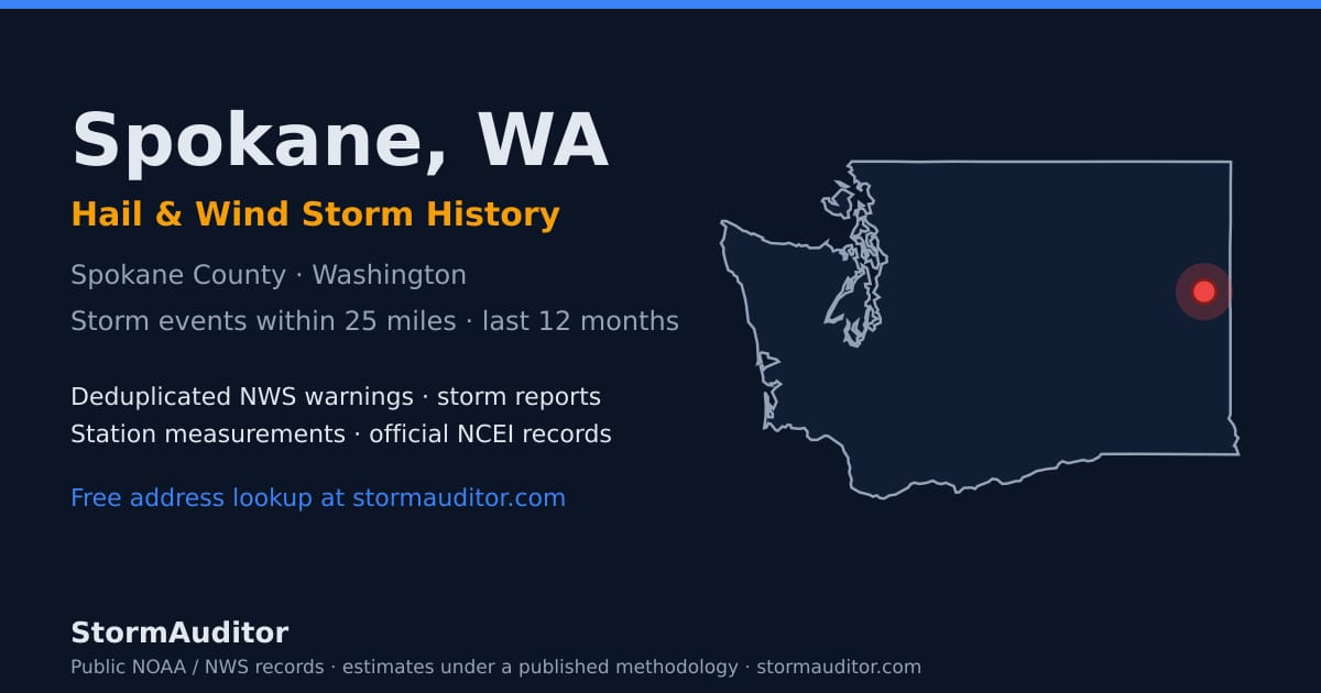 Spokane, WA hail and wind storm history — Spokane County on a Washington map card