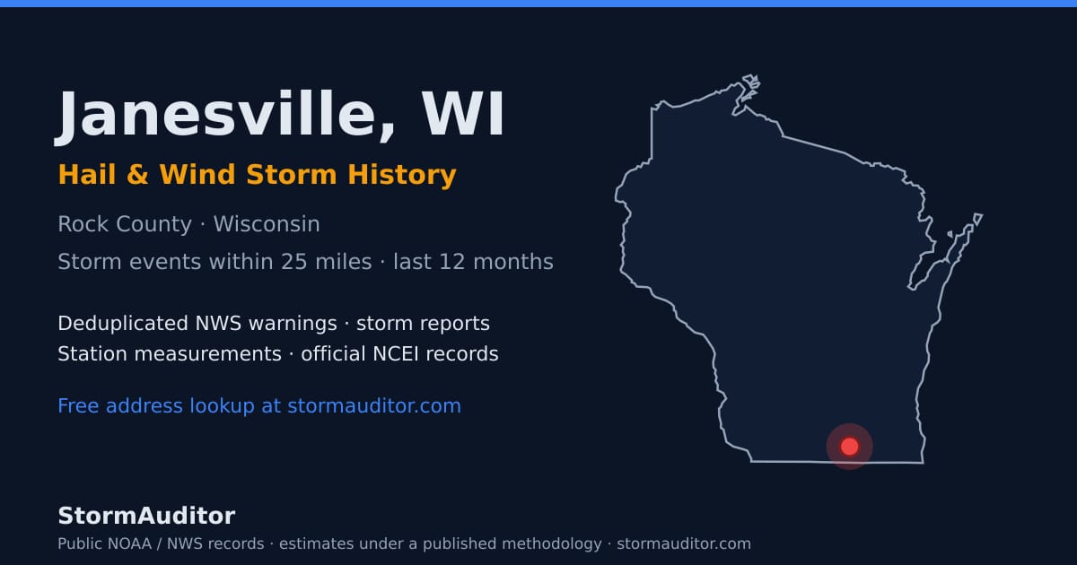 Janesville, WI hail and wind storm history — Rock County on a Wisconsin map card