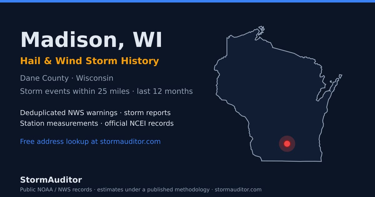 Madison, WI hail and wind storm history — Dane County on a Wisconsin map card