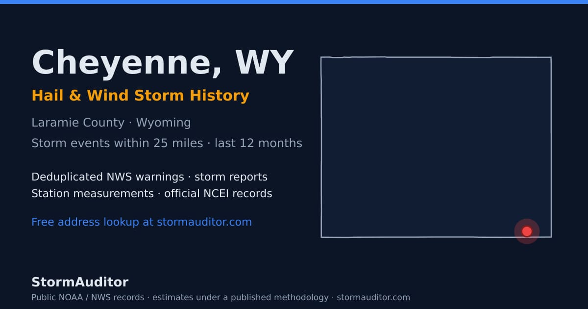 Cheyenne, WY hail and wind storm history — Laramie County on a Wyoming map card
