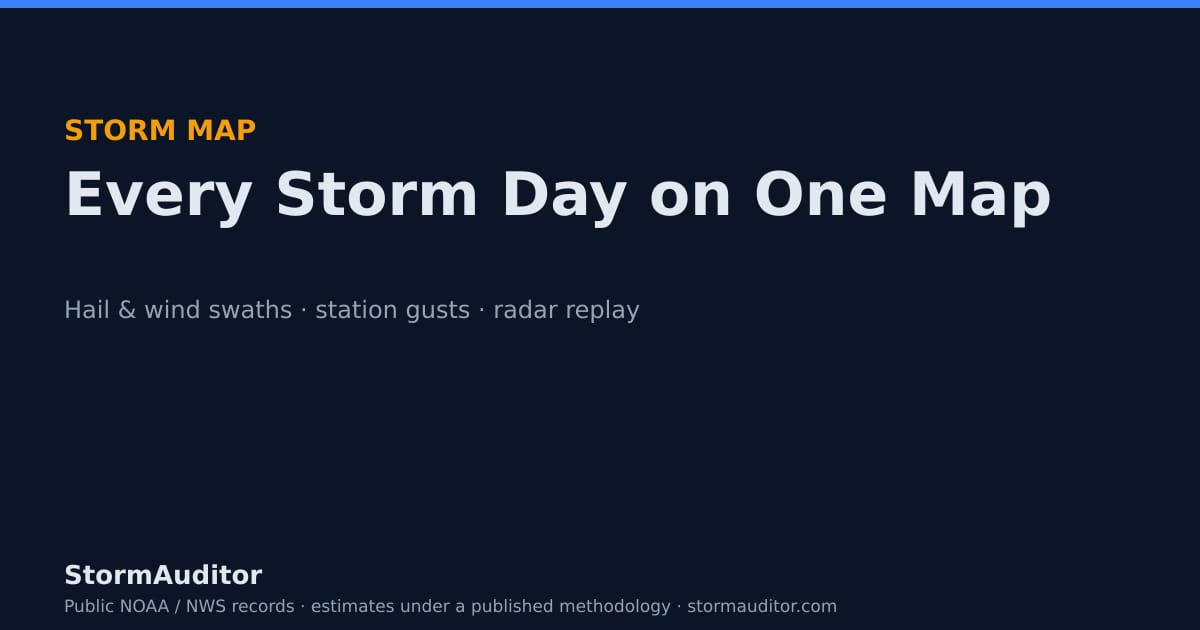 Storm Map — Hail & Wind Swaths, Station Gusts, Radar Replay
