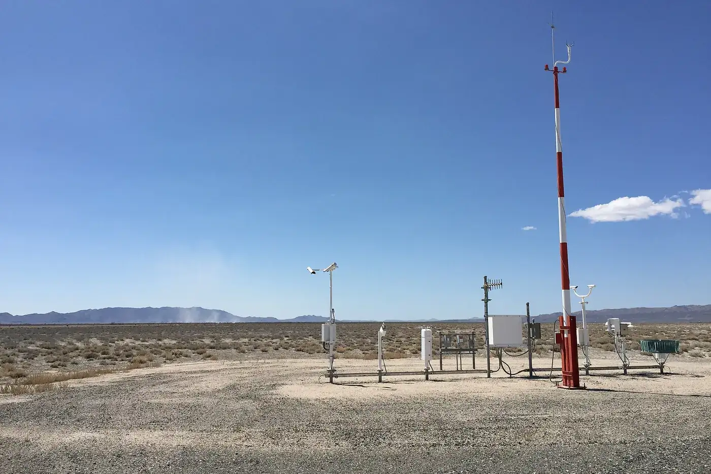 Automated Surface Observing System weather station with its sensor mast and instruments at Lovelock Airport-Derby Field, Nevada