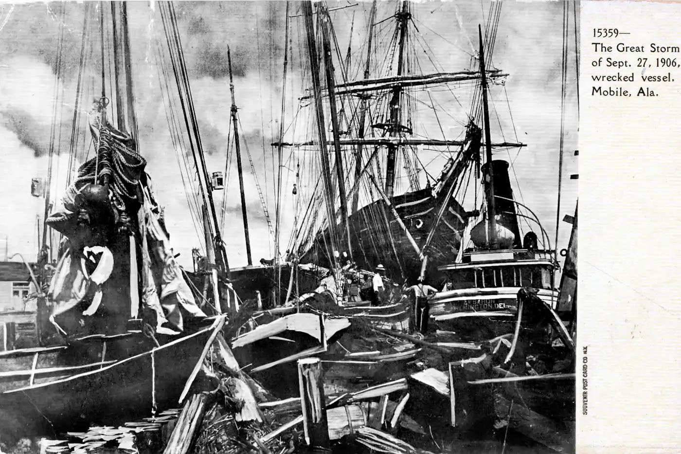 Wrecked boats piled along the Mobile, Alabama, waterfront after the September 1906 hurricane, in a historic photo