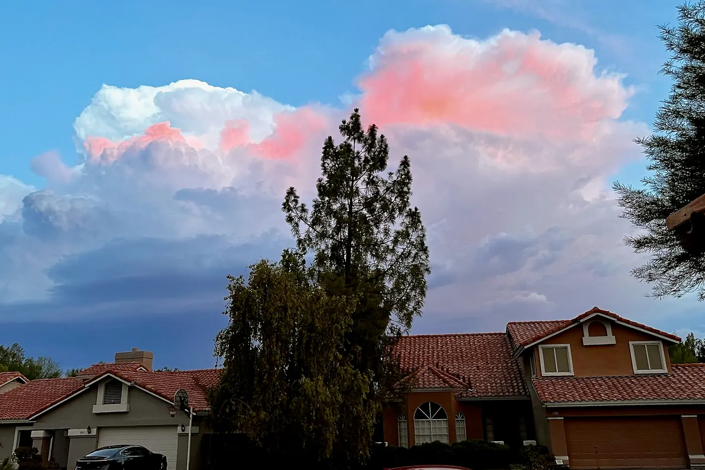 Afternoon monsoon storm clouds towering over homes and trees in Chandler, Arizona