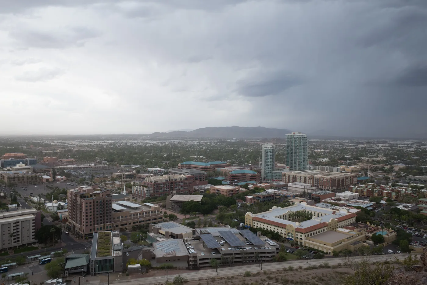 Storm clouds building over Tempe, Arizona, seen from Tempe Butte
