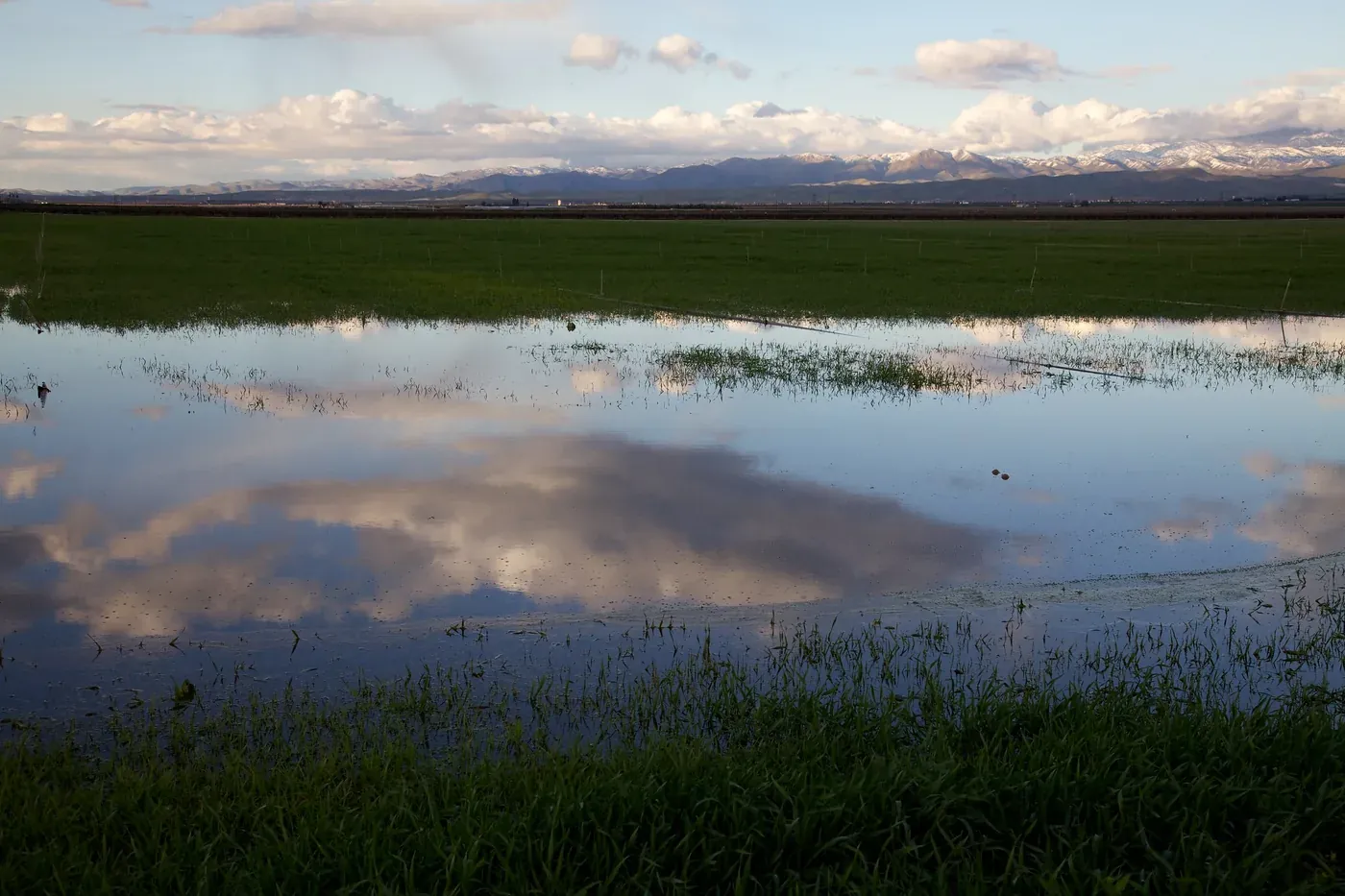 Clouds reflected in a rain-flooded field near Bakersfield, California, with mountains beyond