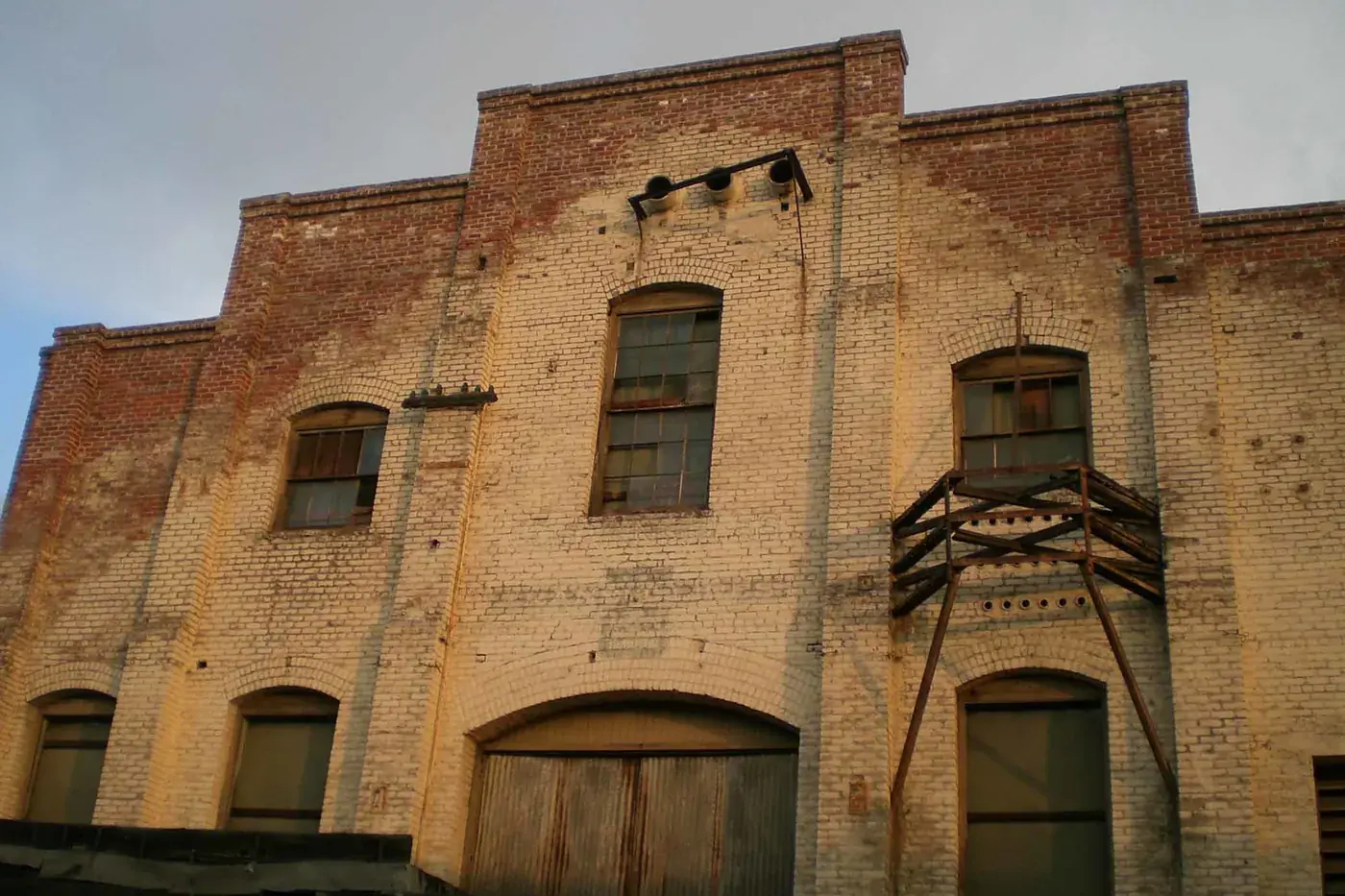 Old brick warehouse on Olvera Street in Los Angeles as a summer thunderstorm rolled in