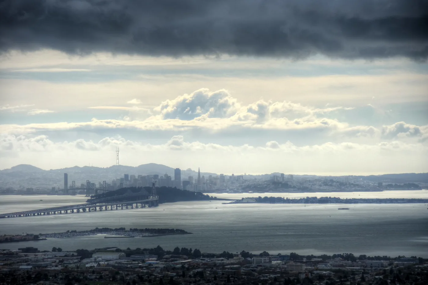 Storm clouds over San Francisco and the bay, seen from the Berkeley hills