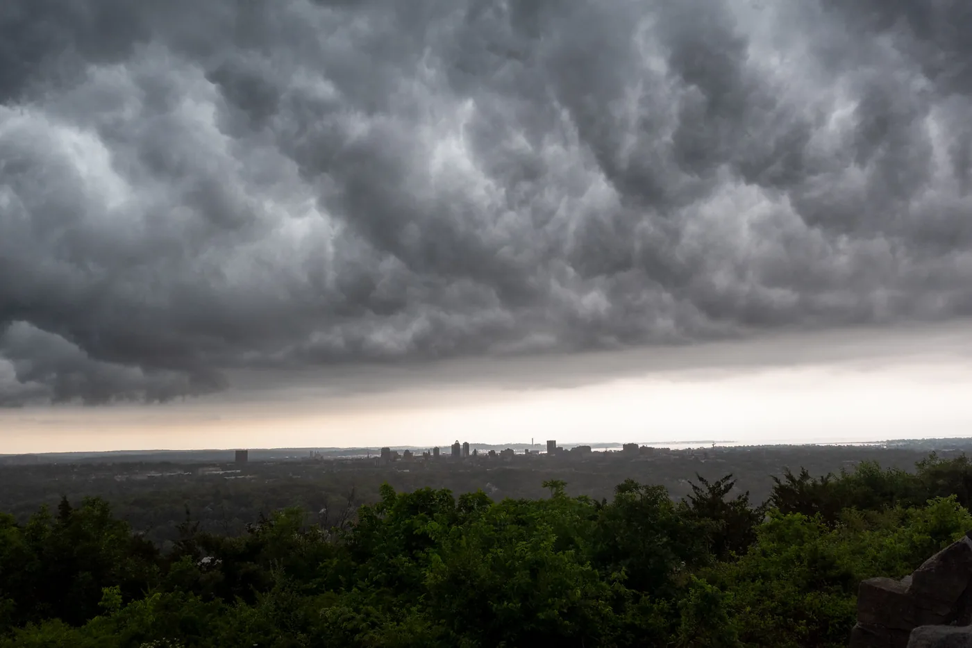 Storm clouds over New Haven, Connecticut, and the harbor
