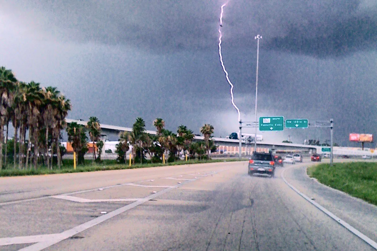 Lightning bolt striking beyond a palm-lined highway during a Miami afternoon thunderstorm
