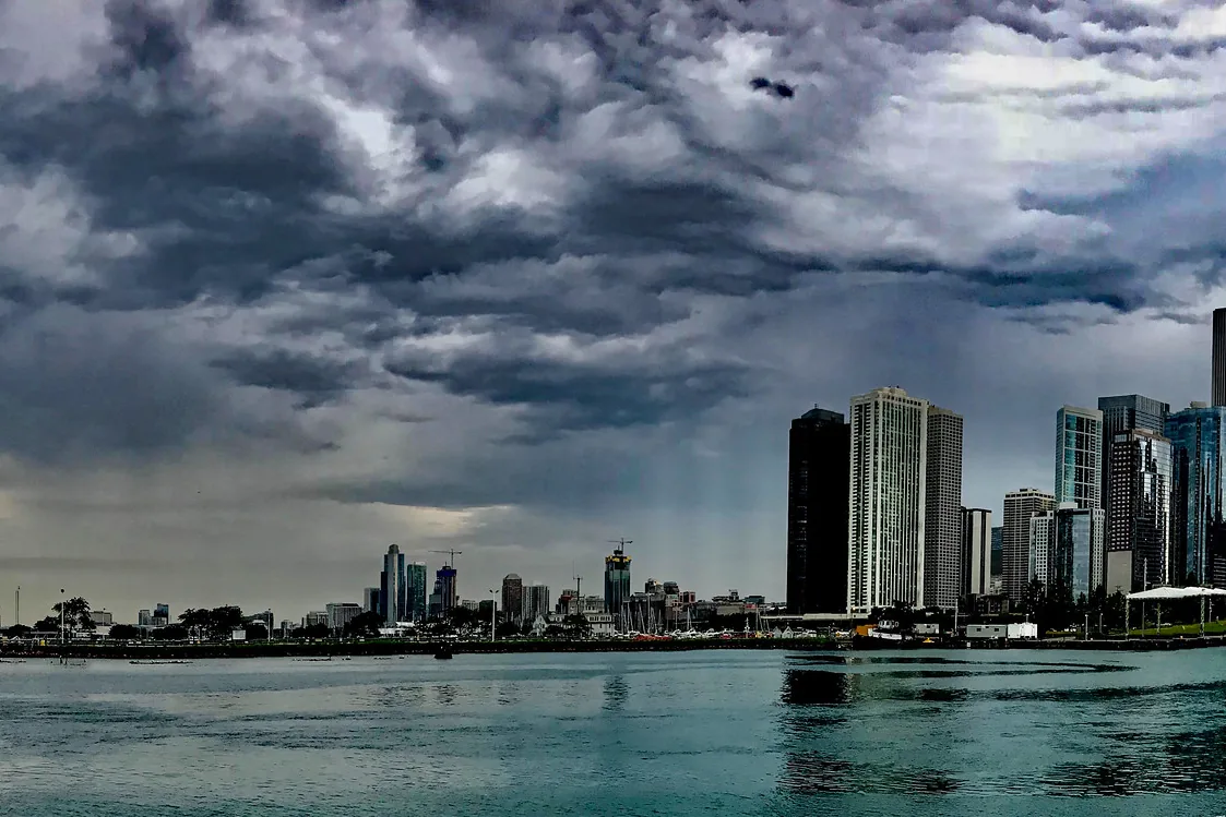 Storm clouds massing over the Chicago skyline