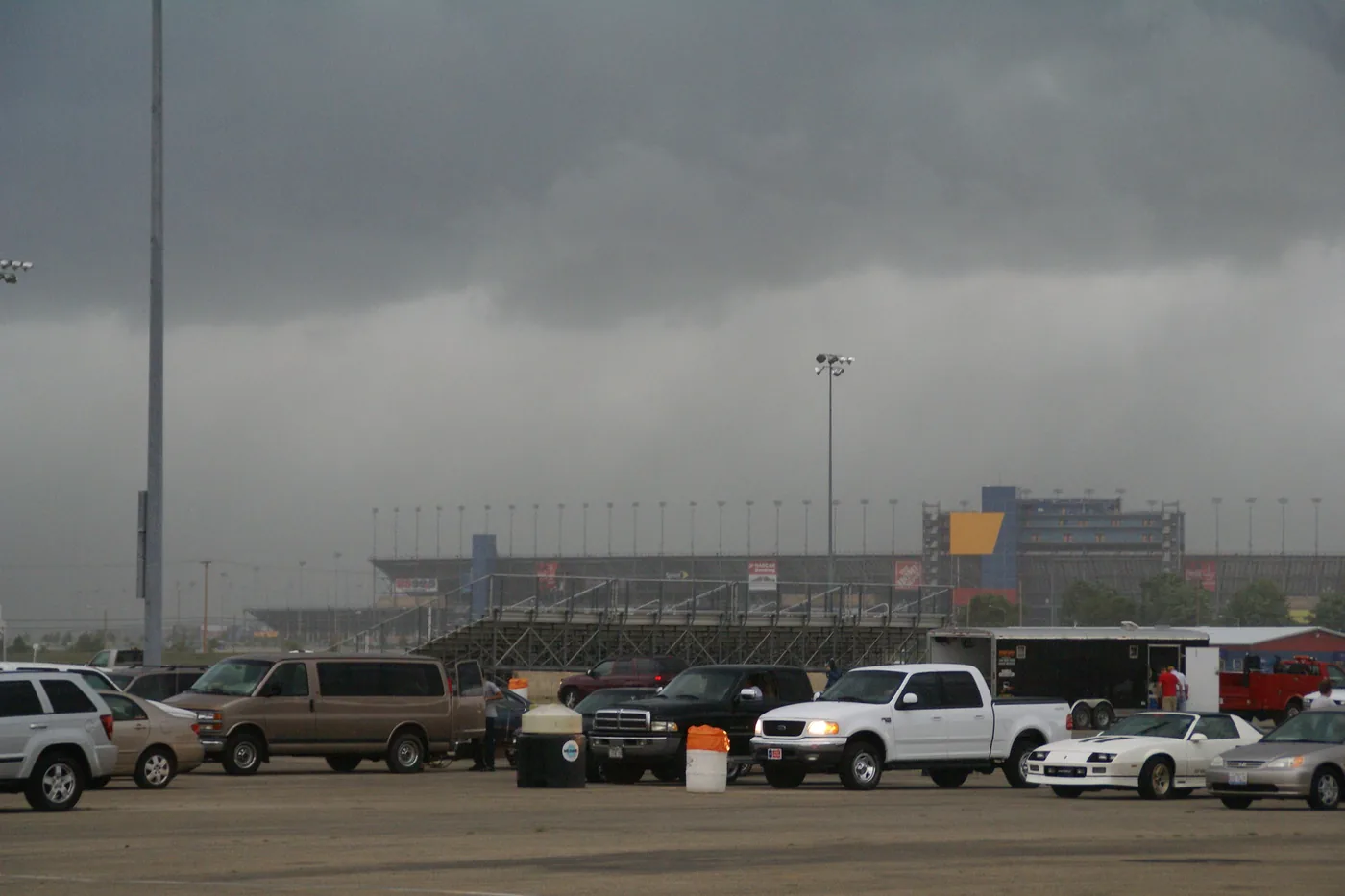 Dark storm clouds approaching the Route 66 Raceway parking lot in Joliet, Illinois