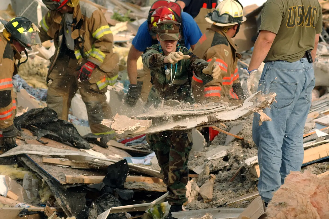 Navy reservist helping with search and rescue at a tornado-damaged mobile home park in Evansville, Indiana, in November 2005