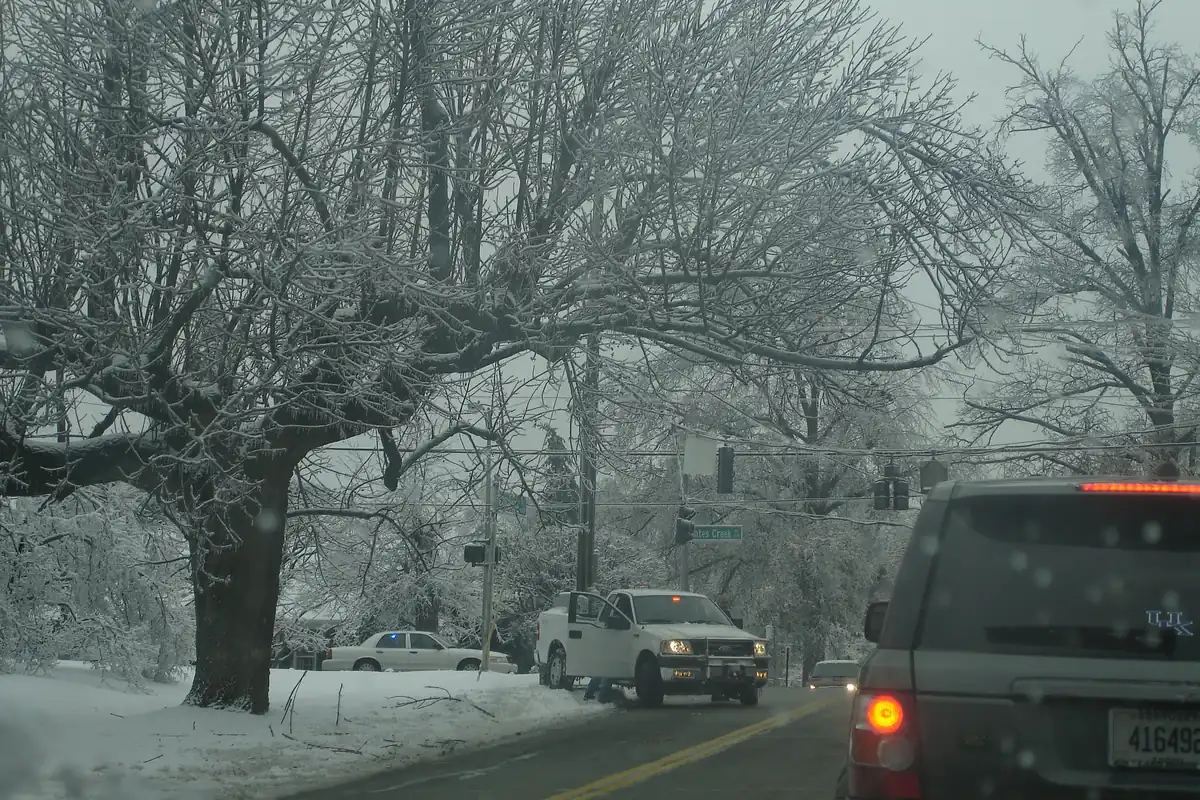 Ice-coated trees and a stalled car on a Lexington, Kentucky, street during the January 2009 ice storm
