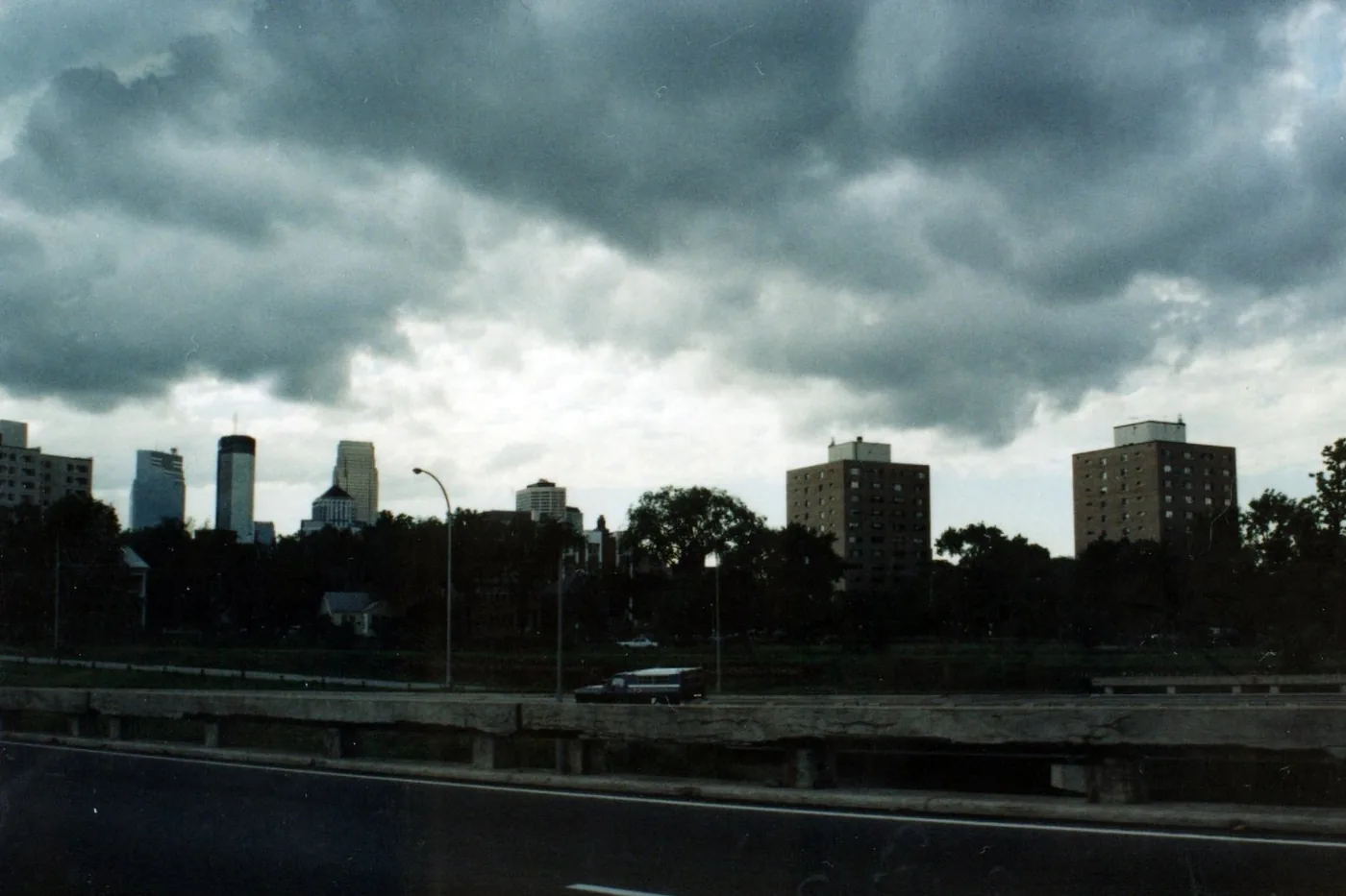 Heavy gray clouds over the St. Paul, Minnesota, skyline