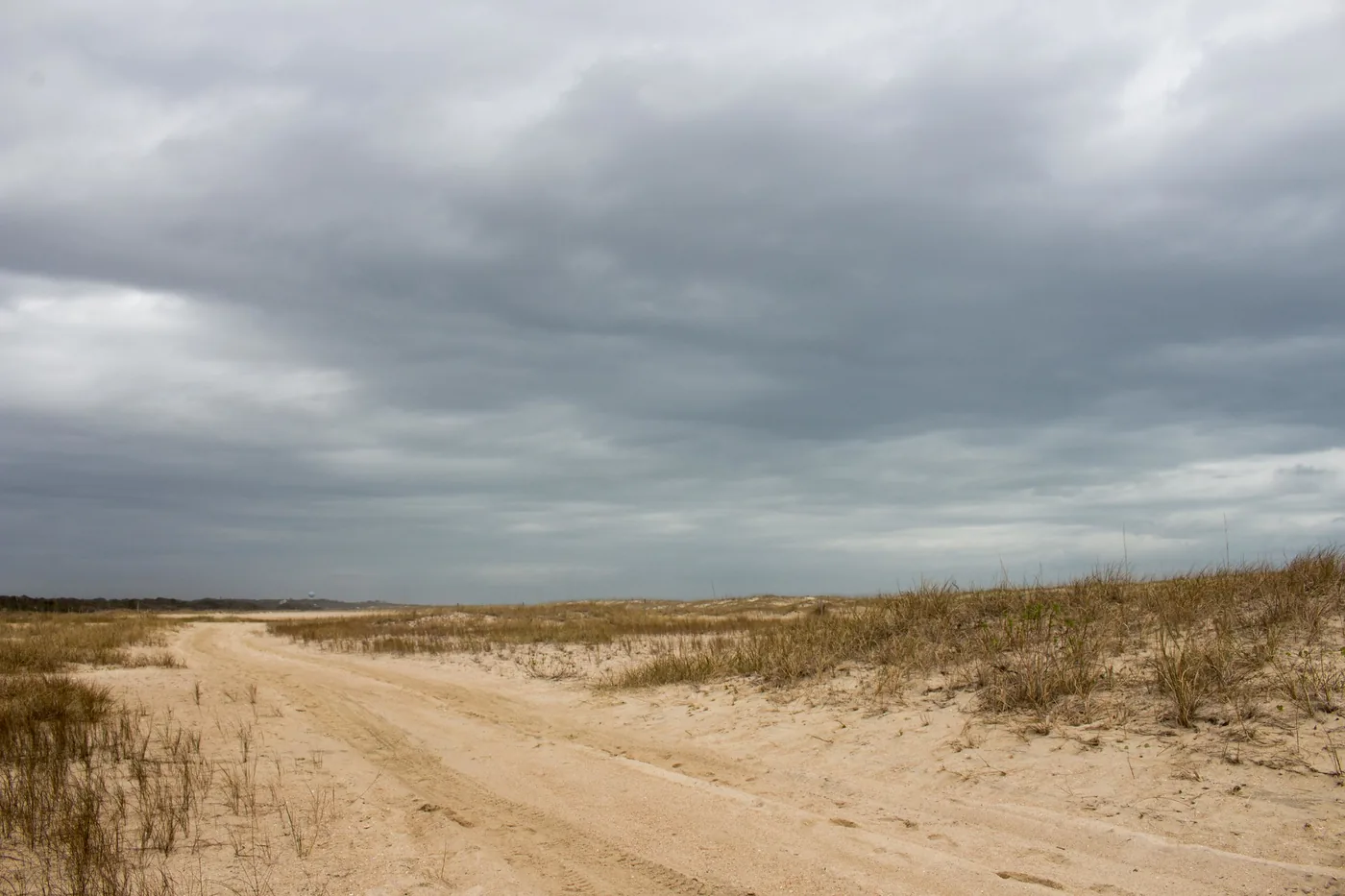 Gray, stormy sky over the dunes at Fort Fisher in the Wilmington, North Carolina, area