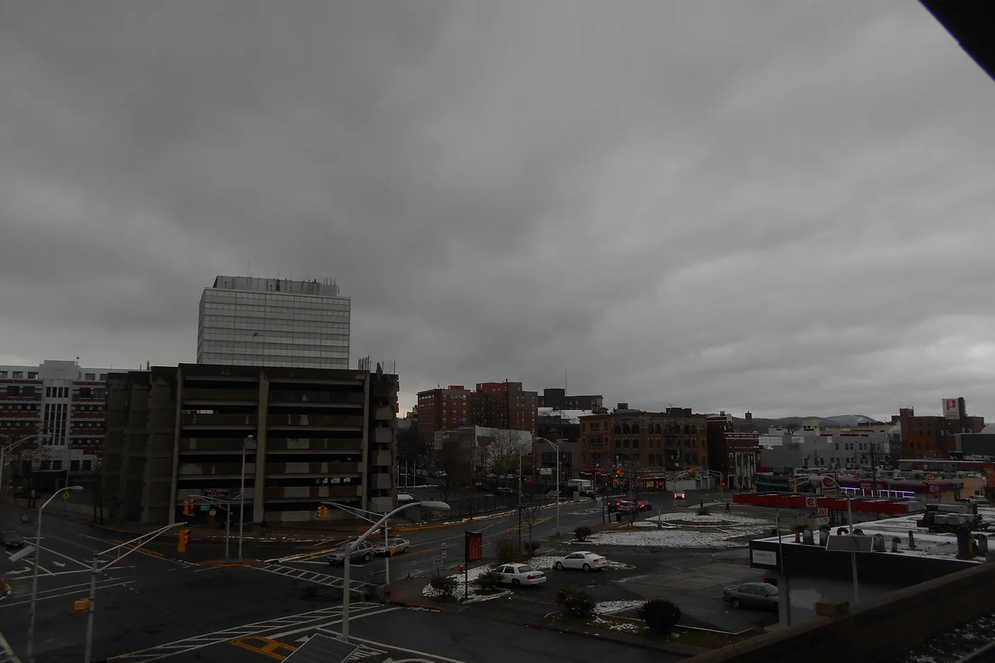 Dark storm clouds over the rooftops of downtown Paterson, New Jersey