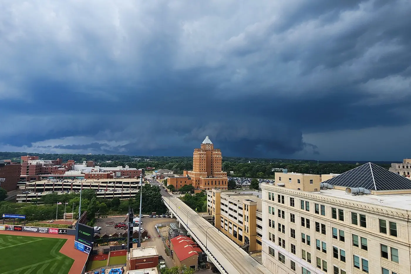 Storm rolling in over the rooftops of central Akron, Ohio, minutes before a warning