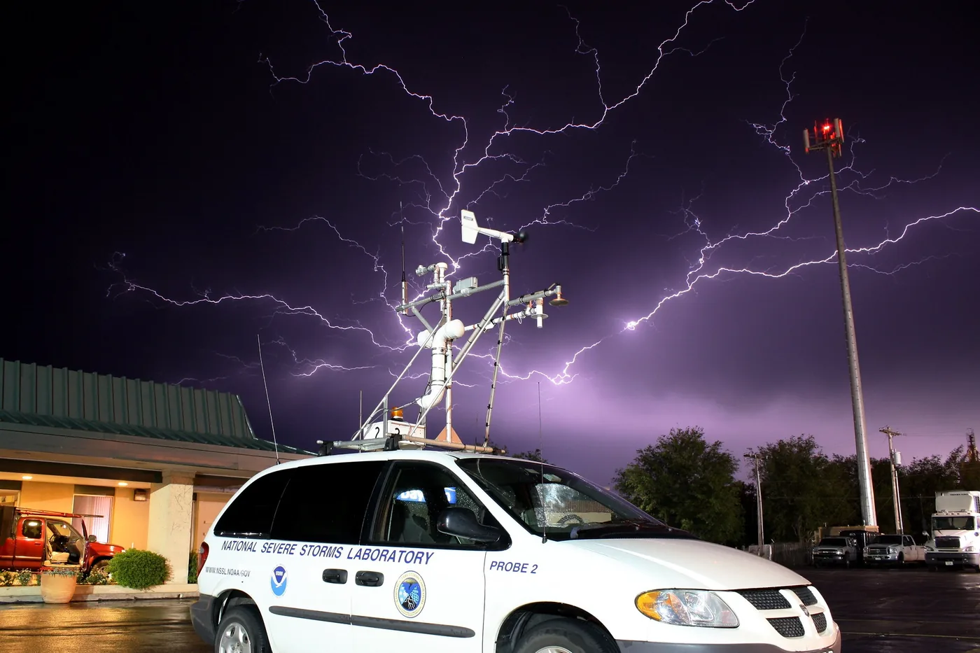 Lightning over a National Severe Storms Laboratory mobile mesonet vehicle near Enid, Oklahoma, in May 2009