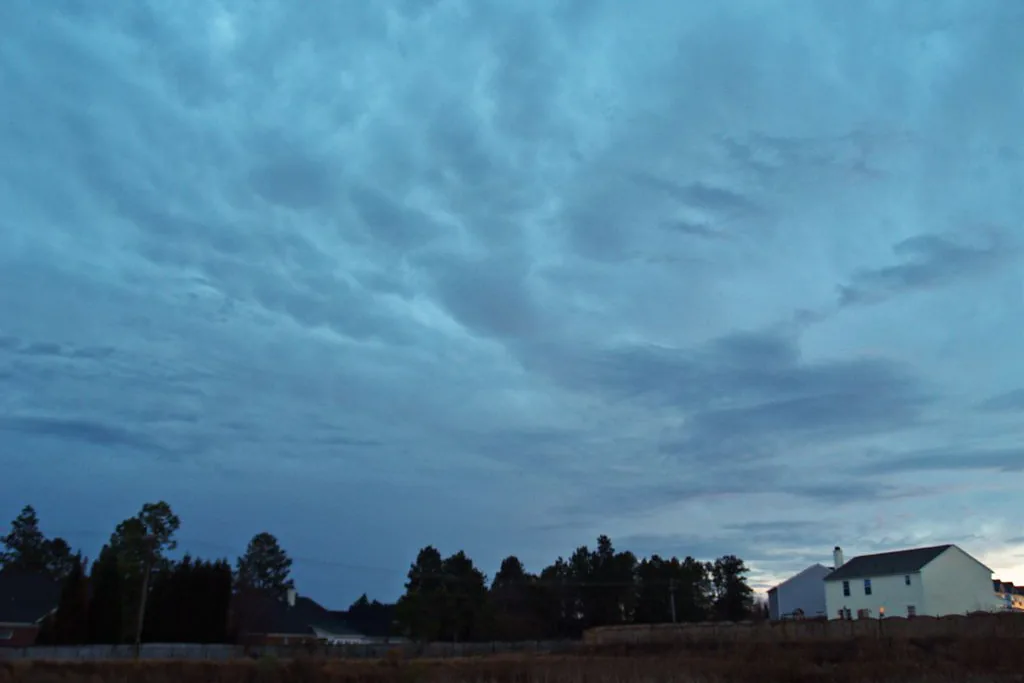 Stormy sky over trees and a house in Columbia, South Carolina, as a February thunderstorm approaches