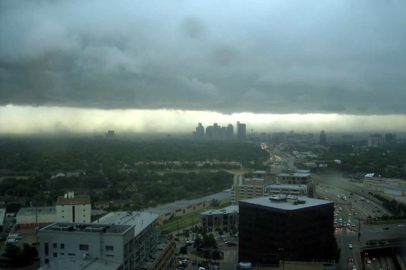 Low storm clouds sweeping over the Dallas skyline