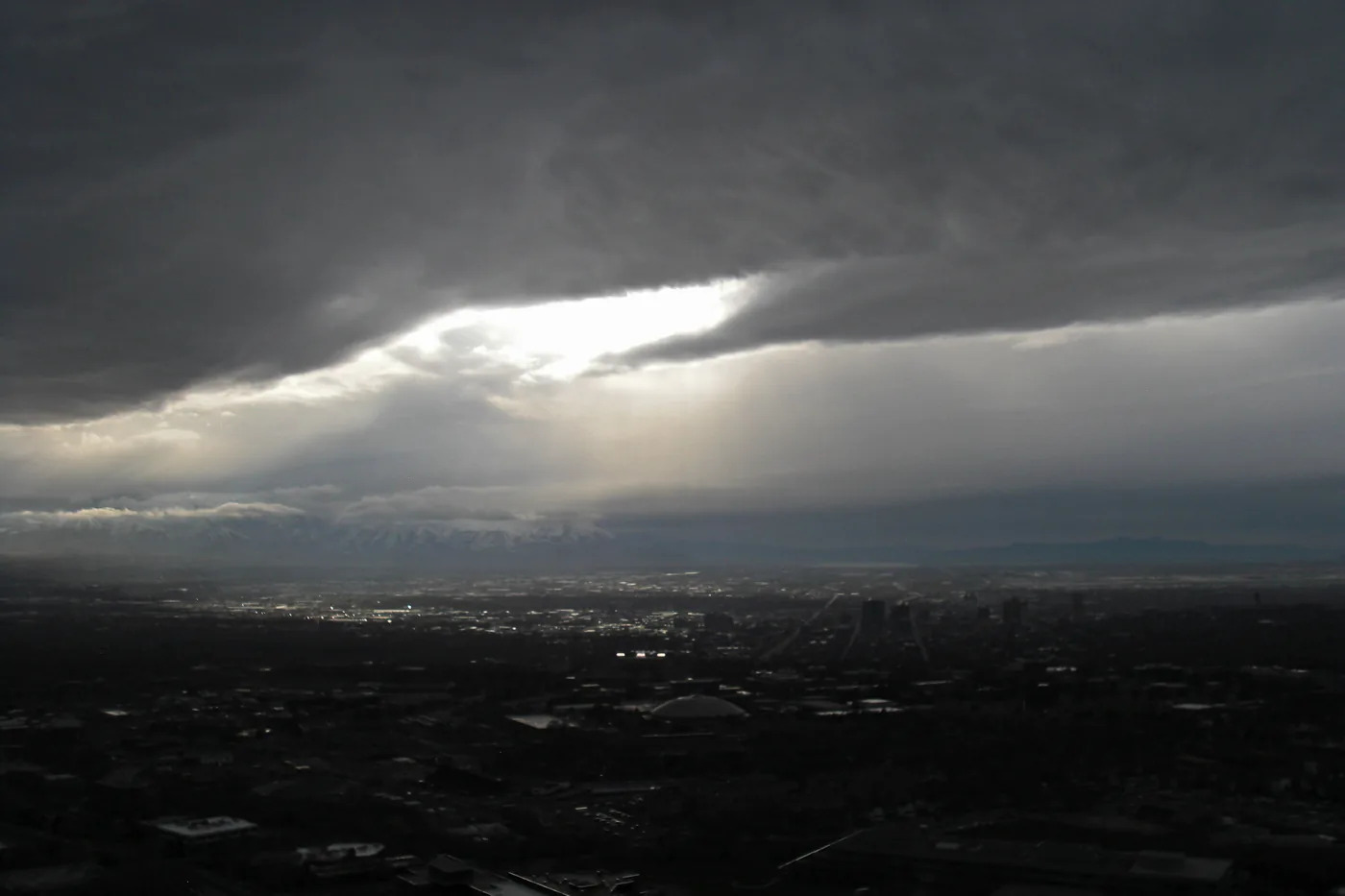 First spring thunderstorm of the year approaching over the Salt Lake Valley, seen from the Red Butte area near Salt Lake City