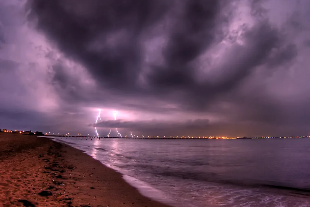 Lightning striking offshore during thunderstorms over Virginia Beach