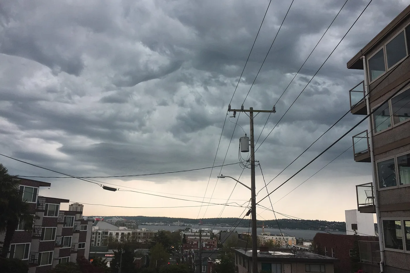 Rain clouds churning over Seattle before a thunderstorm, seen from lower Queen Anne Hill