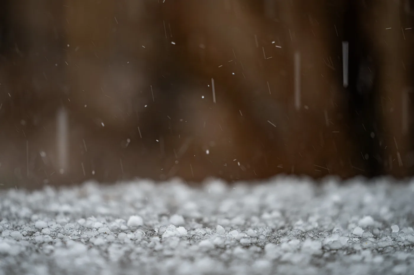 Hail bouncing onto the ground during a spring thunderstorm in Laramie, Wyoming, on April 24, 2025