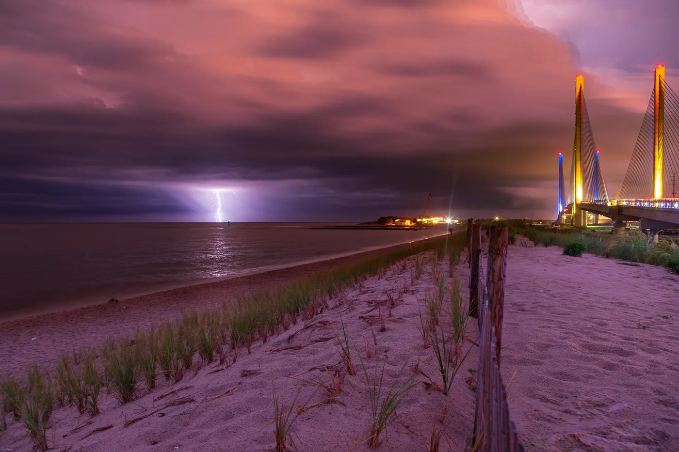 Lightning striking offshore from the Delaware seashore near the Indian River Inlet bridge